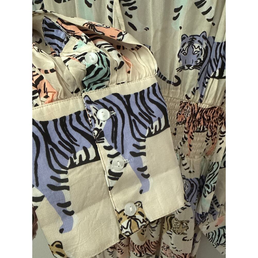 Oliphant Cuff Sleeve Smocked Waist Colorful Tiger Print Maxi Size Medium - Picture 4 of 10